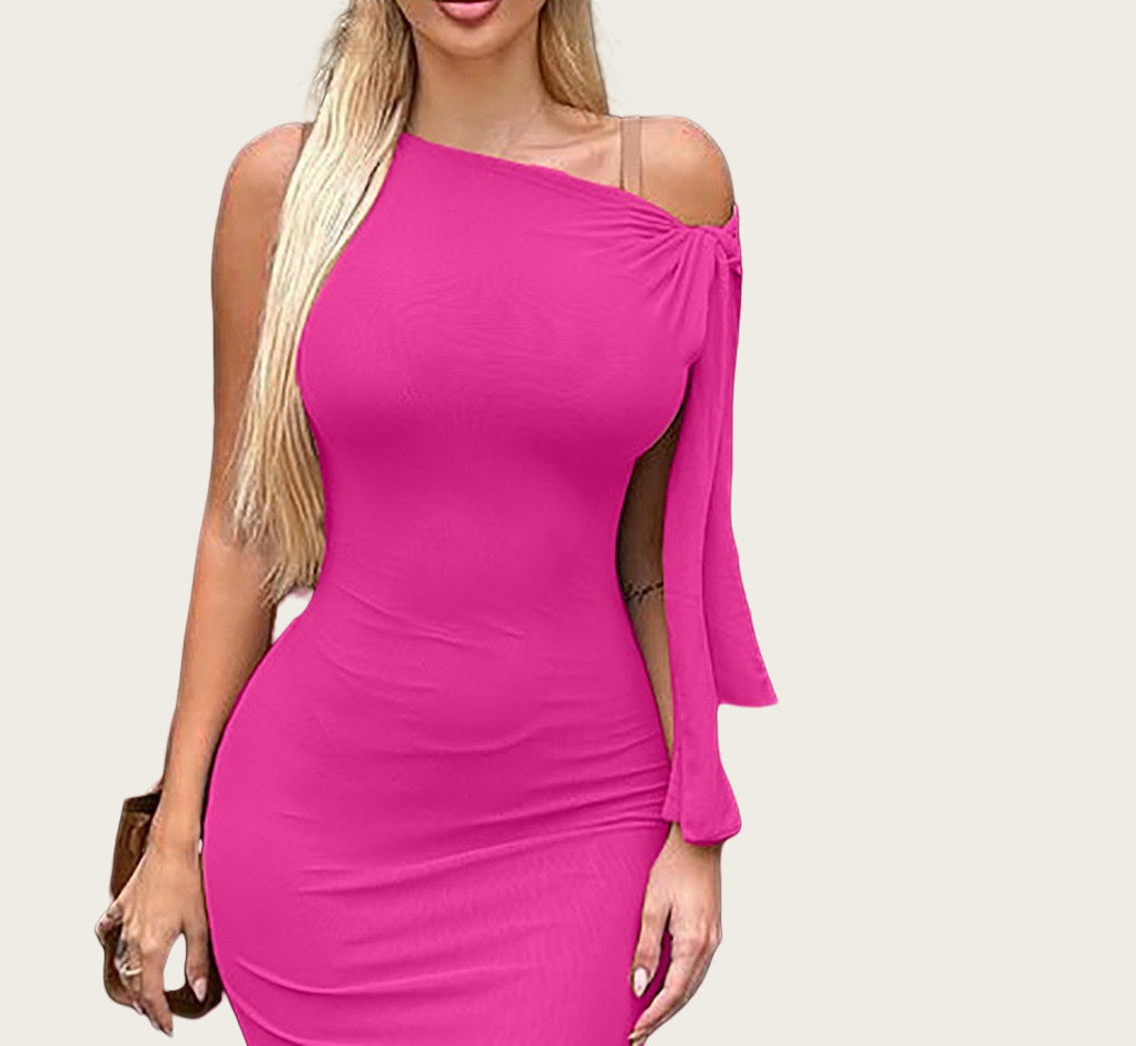 Slant collar lace up slim fit solid color hip hugging dress