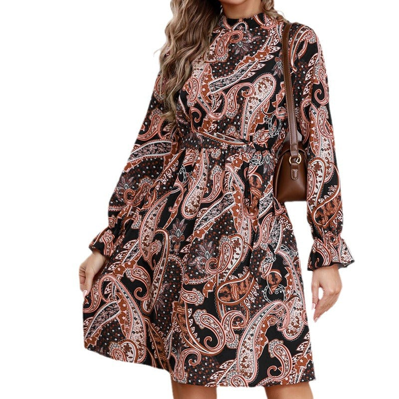 Ethnic Style Vintage Printed Shirt Dress with Belt, Slim Fit, Elegant Puff Sleeve Dress for Women