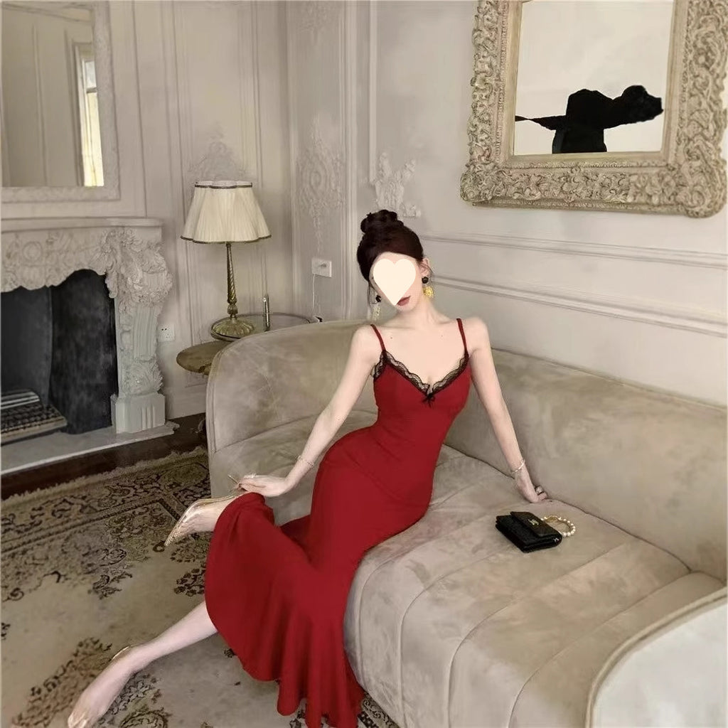 V-Neck Lace Strap Dress Elegant Women's Formal Fish Tail Long Dress
