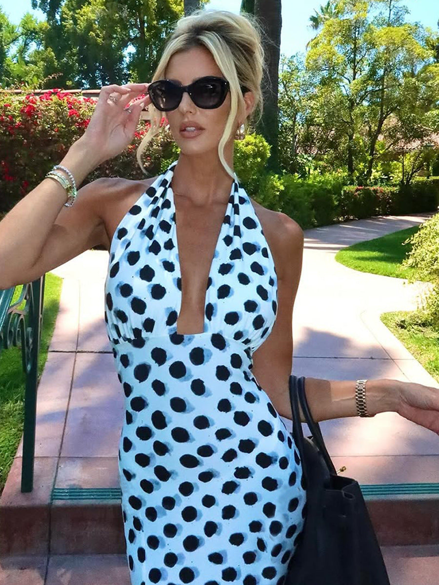 Backless hanging neck strap printed dress