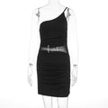 Single sloping shoulder slim fit hip hugging see through dress
