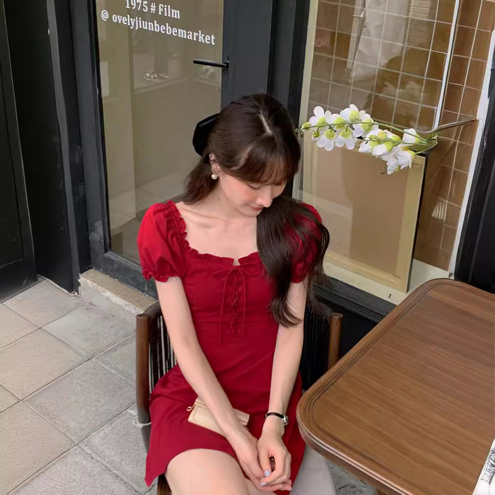 Square Neck Bubble Sleeve Dress Women's Design Waist Slimming Red A-line Short Skirt