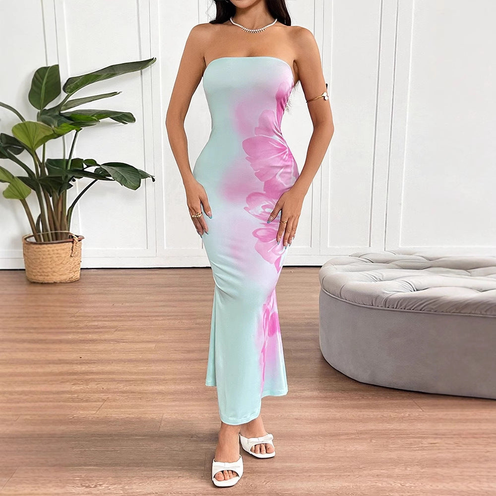 Summer new sexy strapless slim fit contrasting print revealing backpack hip dress