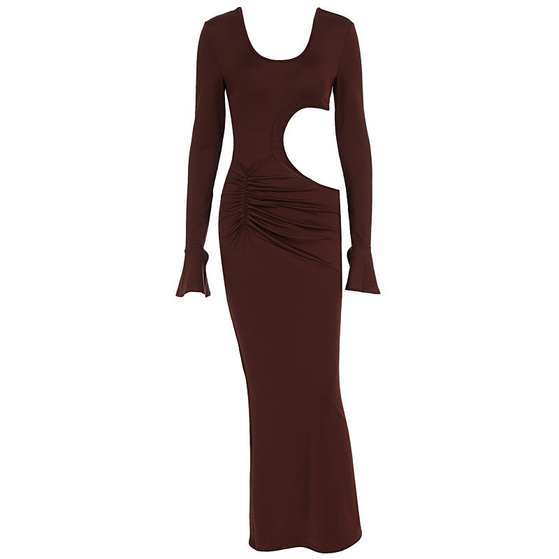 Hollow out slim fit U-neck long sleeved dress