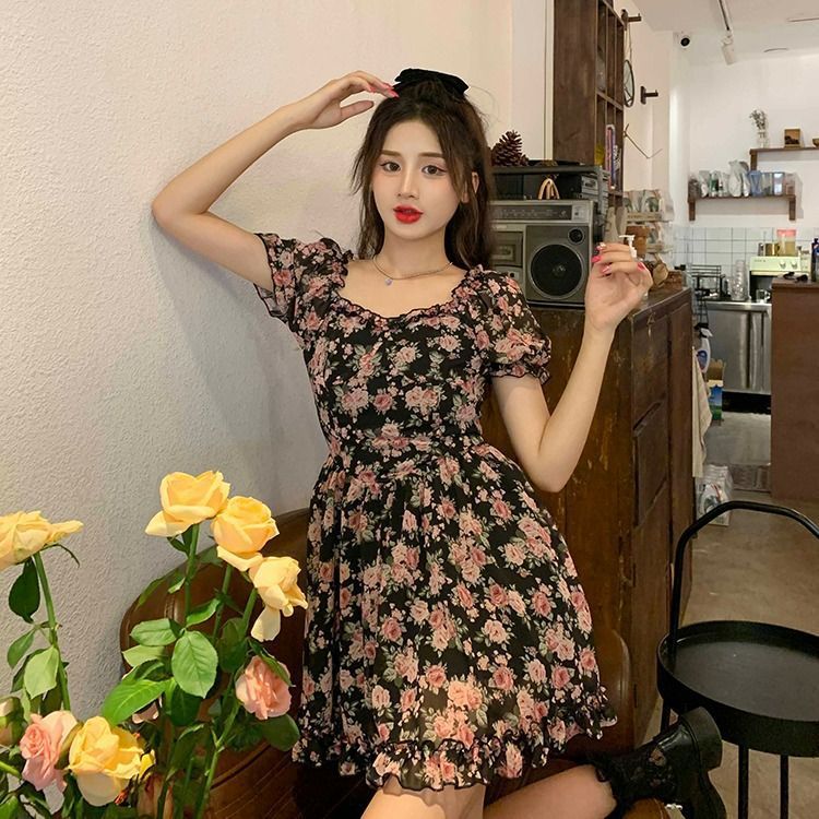 Sexy Rose Floral Print Dress with Bubble Sleeves and High Waist for Women Summer Sheer Chiffon Short Skirt