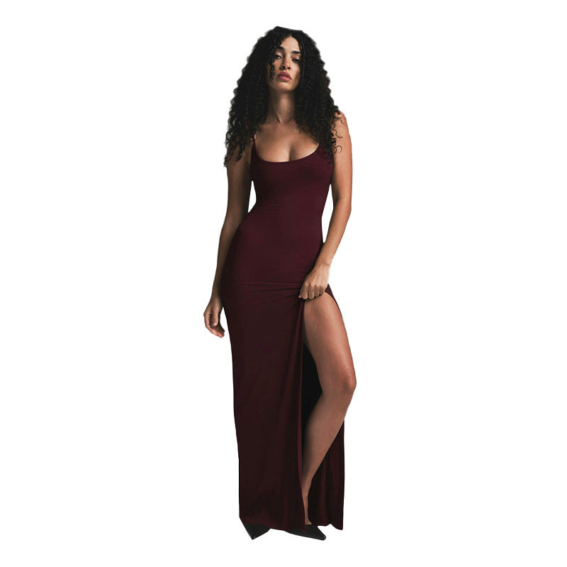 Women's Autumn and Winter Sexy Strapless Solid Color Backless Waist-cinching Slit Fitted Dress