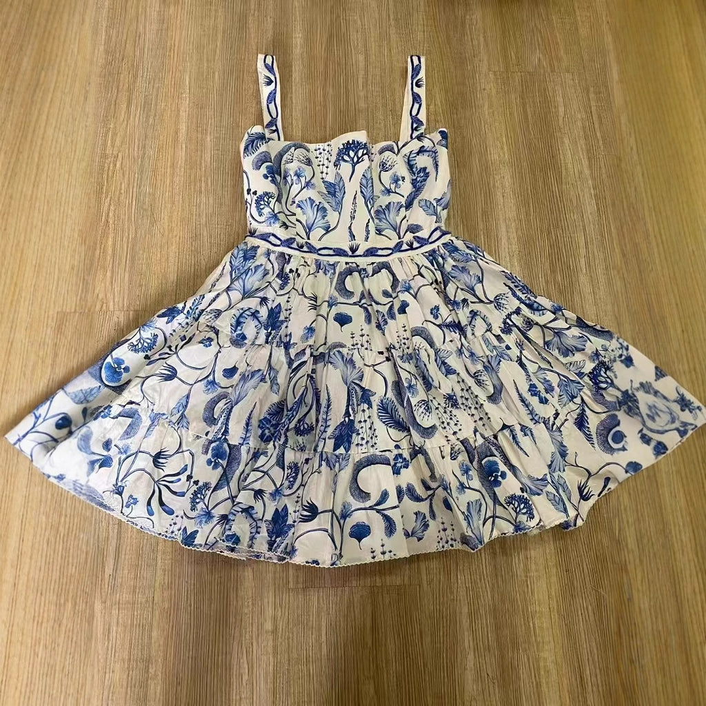 Strapless camisole retro blue print waist cinching short skirt dress for women