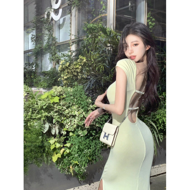 Romantic Soft Charming Bodycon Dress for Women, Square Neck, Hollow Back, Slim Fit, Elegant Mid-Length Dress