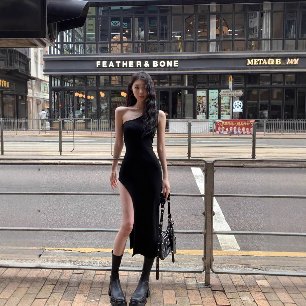 Chic Asymmetrical Shoulder Bodycon Tank Dress for Women Elastic Slim-FittingSexyTrendy Mini Dress