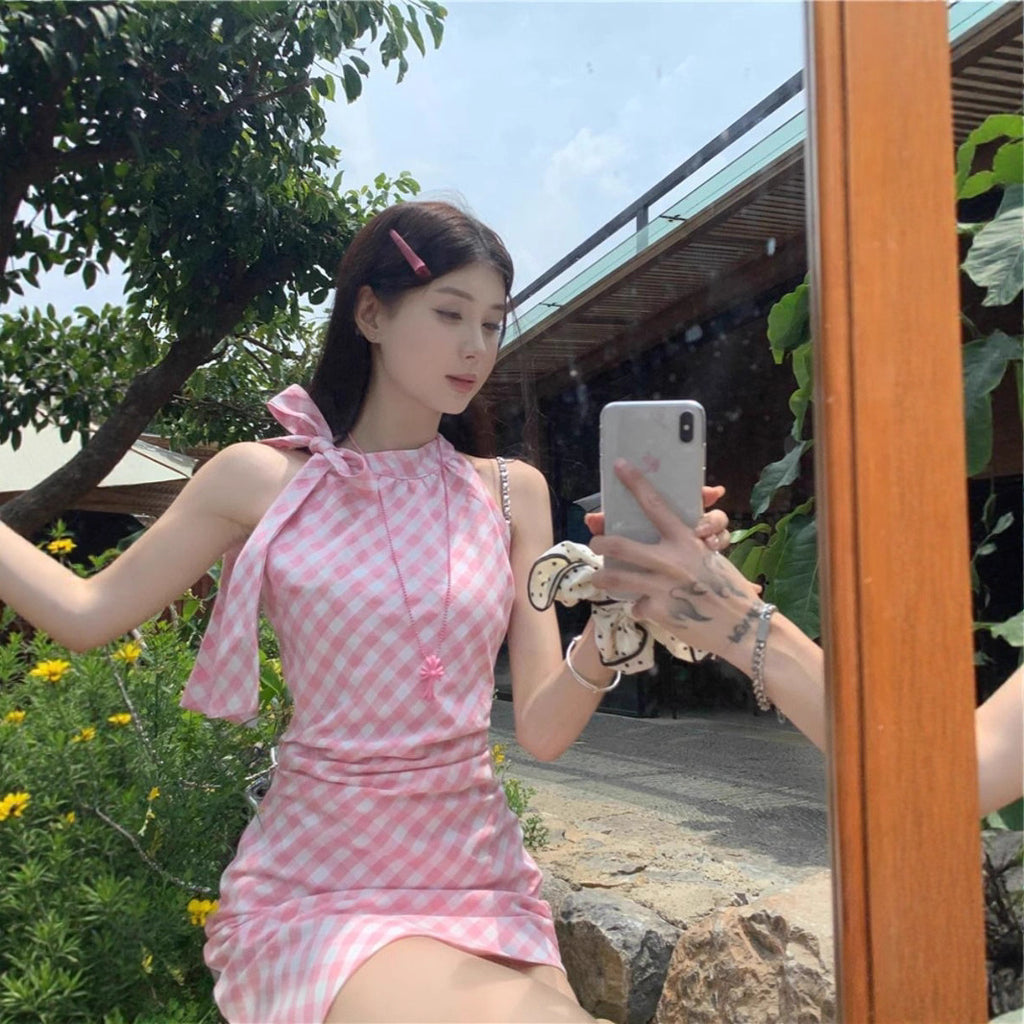 Chic Sweet and Spicy Pink Plaid Dress with Bow Tie Neckline for Women  Bodycon Dress