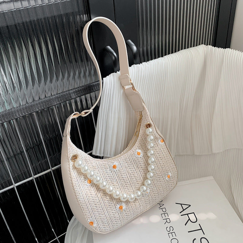 Summer Straw Woven Bag Women's New Trendy French Ins Niche Lace Flower Woven Bag Fashion Shoulder Armpit Bag