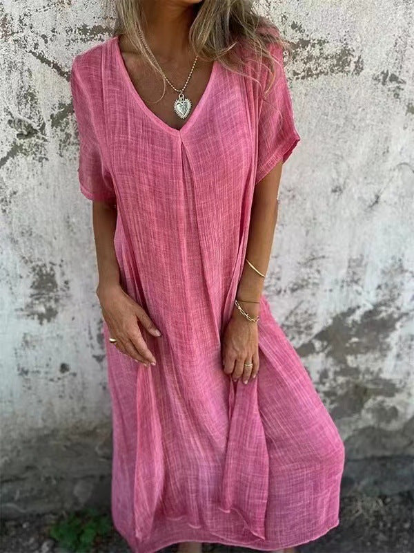 Fashionable cotton and linen V-neck semi formal dress