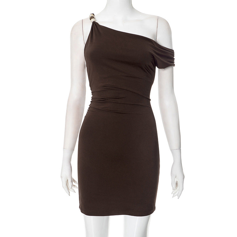Elegant Solid Color Asymmetric One-Shoulder Sexy Bodycon Dress