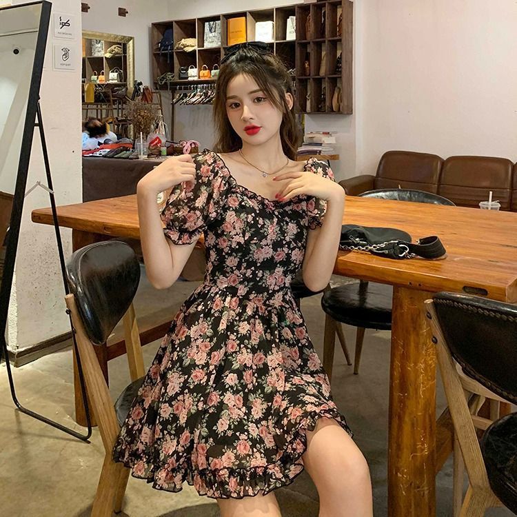 Sexy Rose Floral Print Dress with Bubble Sleeves and High Waist for Women Summer Sheer Chiffon Short Skirt
