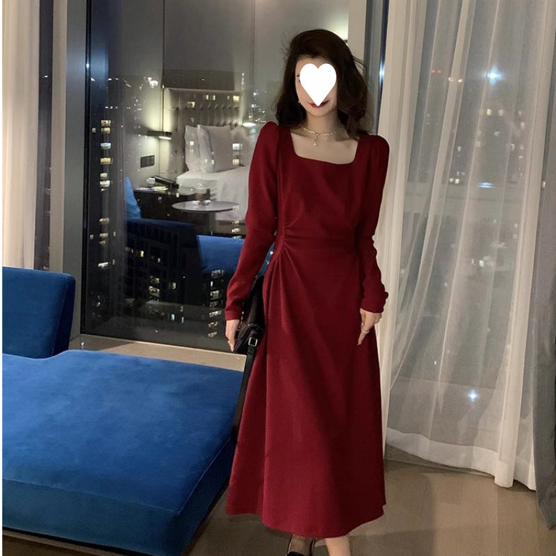 Red Dress Women  Long Sleeve Wedding Dress Daily Wear Audrey Hepburn Little Red Dress High-Grade Sense Elegant