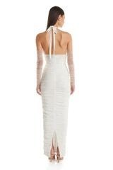 Fashionable white neck hanging, backless, tight fitting flower decoration, long bandage wrapped hip dress