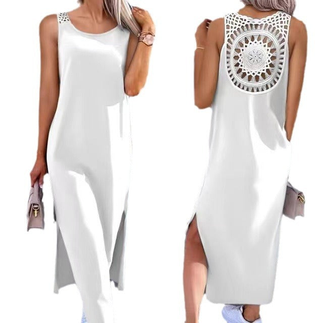 Lace hollow-out strap dress, sleeveless, slit, over-the-knee mid-length dress, summer