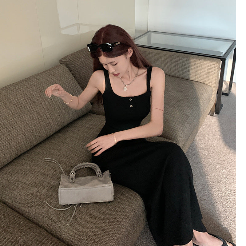 Black Inner Strap Dress for Women, Summer Pure Sensual Style, High-Quality A-Line Long Sleeveless Dress