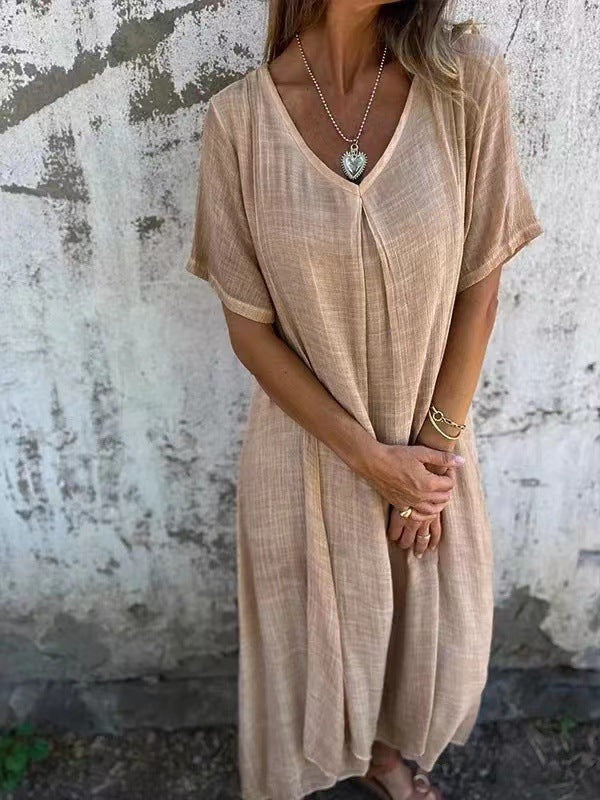 Fashionable cotton and linen V-neck semi formal dress