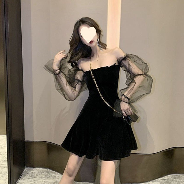 Black Dress Women Long Sleeve Nightclub Sexy Fairy Waist Slimming One-Shoulder Fairy Dress