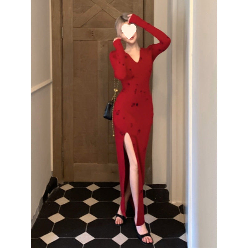 Pure Desire V-neck Vintage Printed Dress,Sexy Mature Look, Fitted Slit Bodycon Long Dress