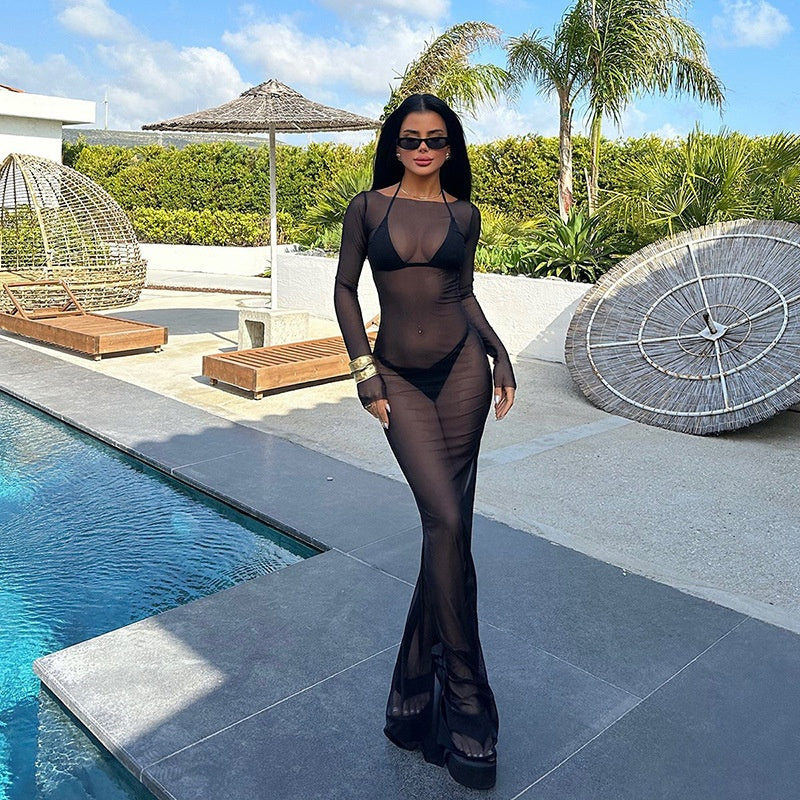 Sexy women's spicy girl slim fit mesh see through one shoulder long sleeved dress