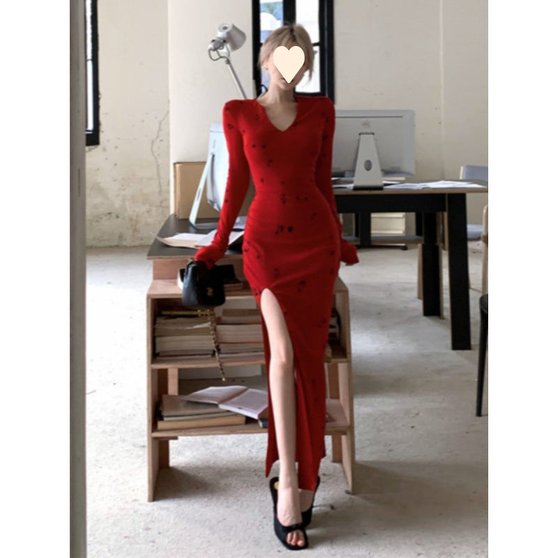 Pure Desire V-neck Vintage Printed Dress,Sexy Mature Look, Fitted Slit Bodycon Long Dress