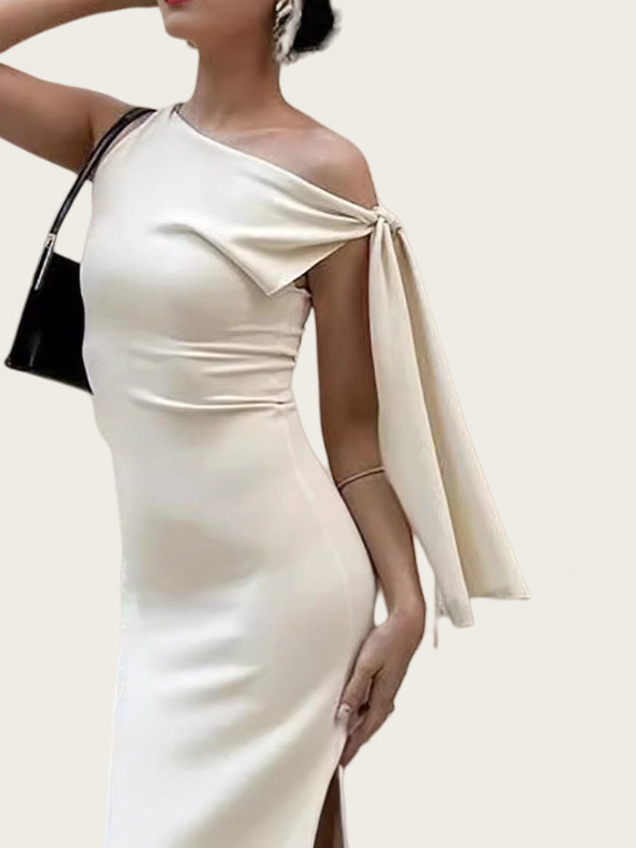 Slant collar lace up slim fit solid color hip hugging dress