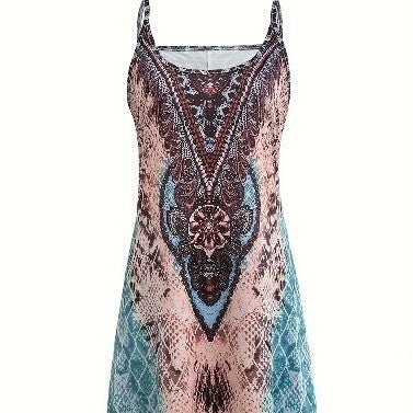 Chic Colorful Printed Low-Cut Strap Dress with Off-Shoulder Design for Women