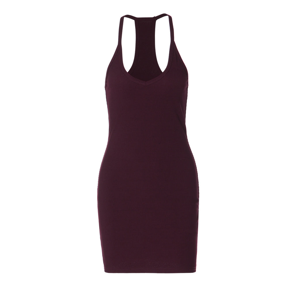 Fashionable Pure Color Sexy Low-Cut V-Neck Halter Backless Fitted Waist Slim Bodycon Sheath Dress