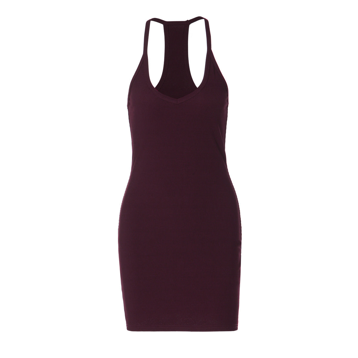 Fashionable Pure Color Sexy Low-Cut V-Neck Halter Backless Fitted Waist Slim Bodycon Sheath Dress