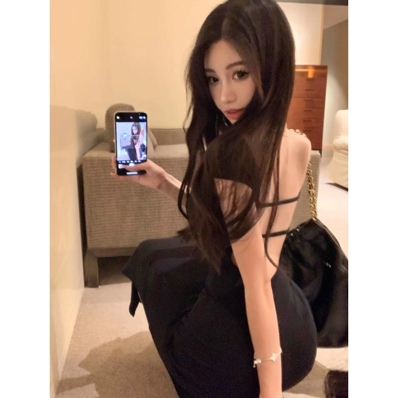Romantic Soft Charming Bodycon Dress for Women, Square Neck, Hollow Back, Slim Fit, Elegant Mid-Length Dress