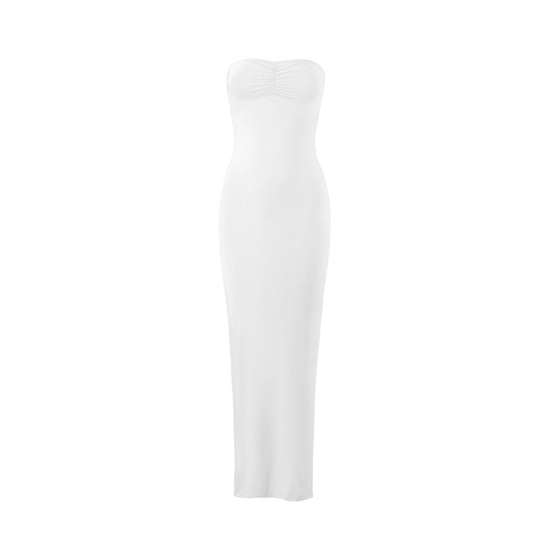 Summer sexy hot girl wrapped chest slim fit side slit long solid color dress