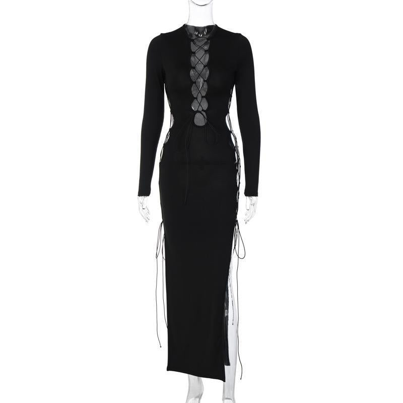 Strap hollow out high slit slim fitting temperament elegant high-end long sleeved long skirt