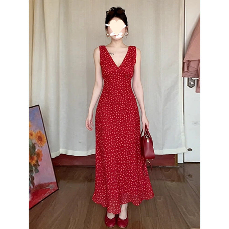 Chic Red V-Neck Floral Sleeveless Dress for Women Elegant Long Dress