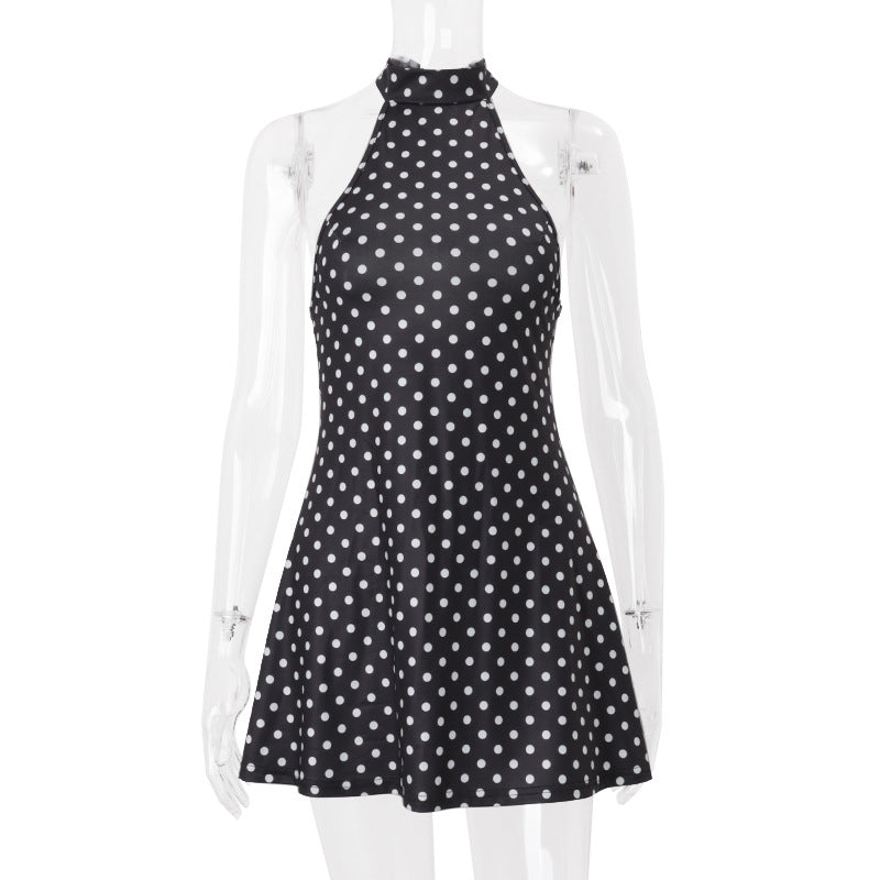 Fashionable and Elegant Polka Dot Printed Sexy Backless Waist-Cinching Dress