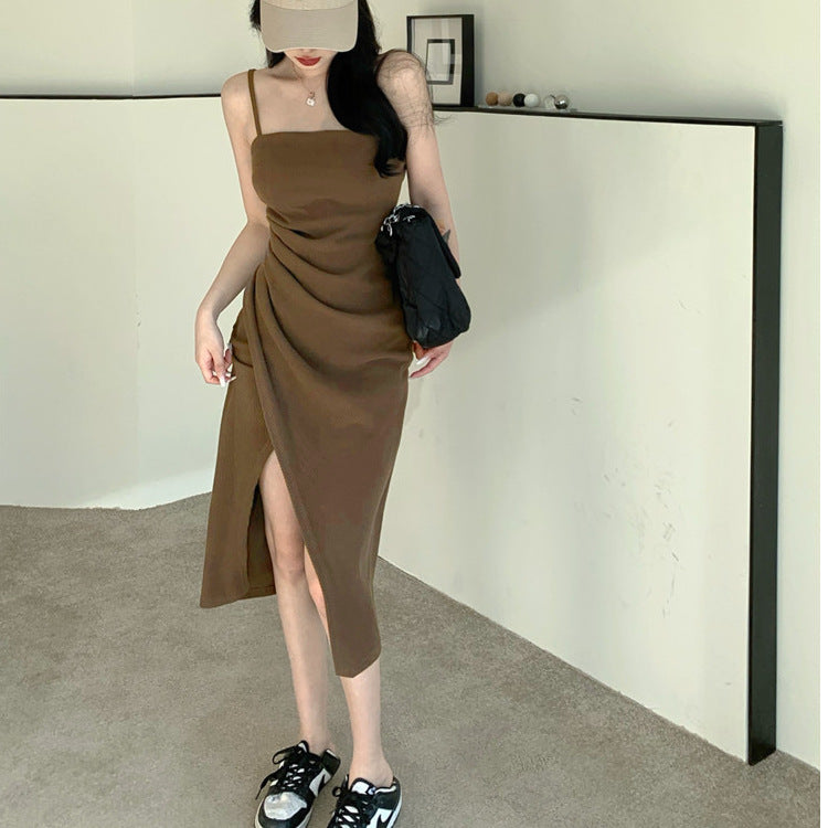 Chiffon Sleeveless Dress with Split Design, Mid-Length, Vintage Hollywood Glamour Look, Casual Summer Wear for Women