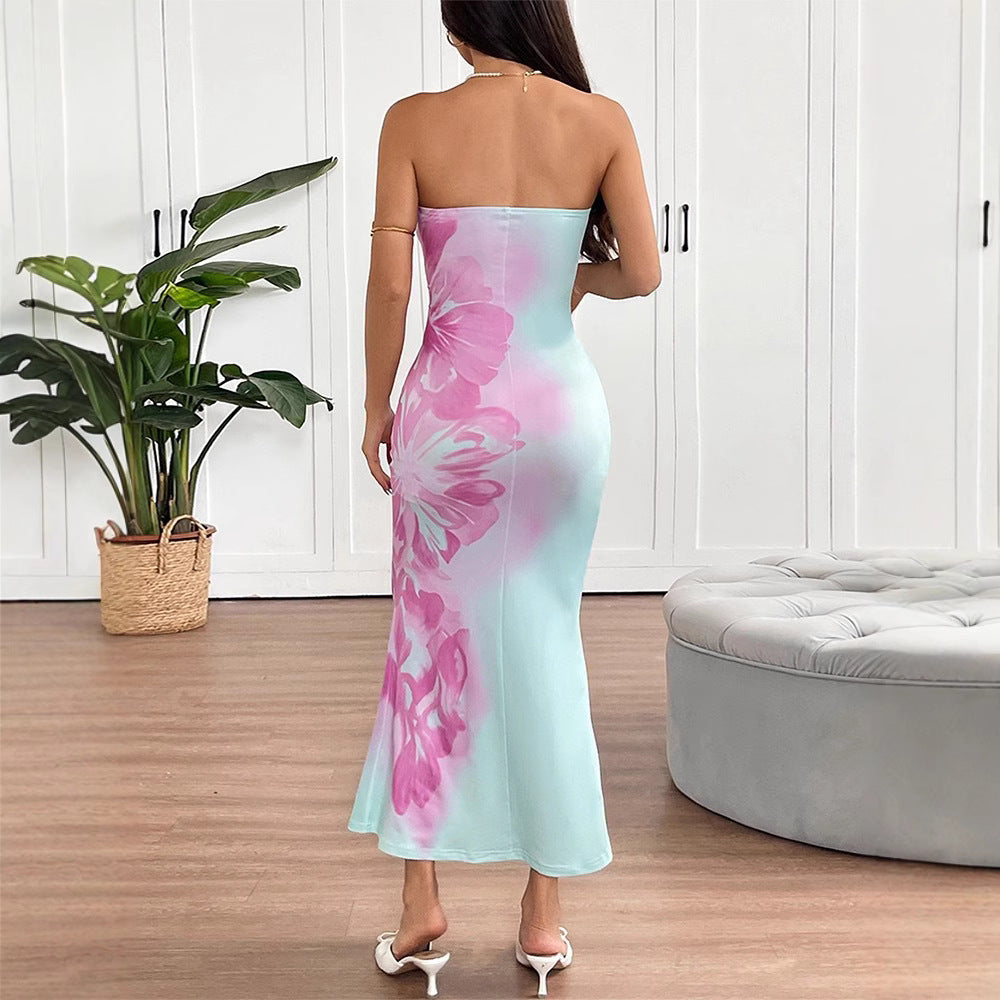 Summer new sexy strapless slim fit contrasting print revealing backpack hip dress