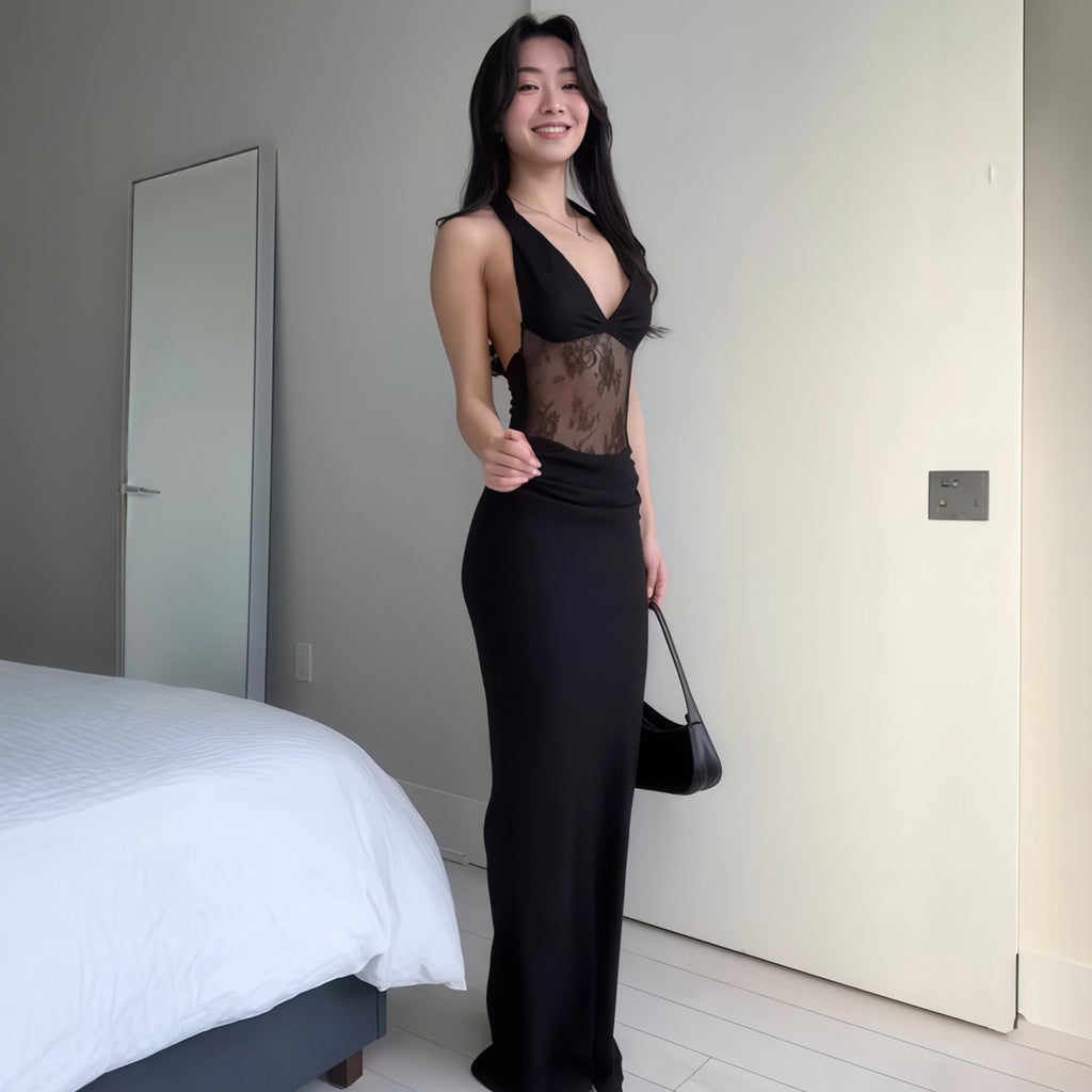 Lace patchwork neck hanging dress with waist bag and buttocks display