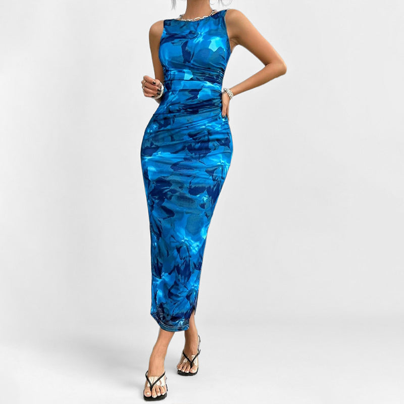 Sleeveless slit sexy printed fashionable dress