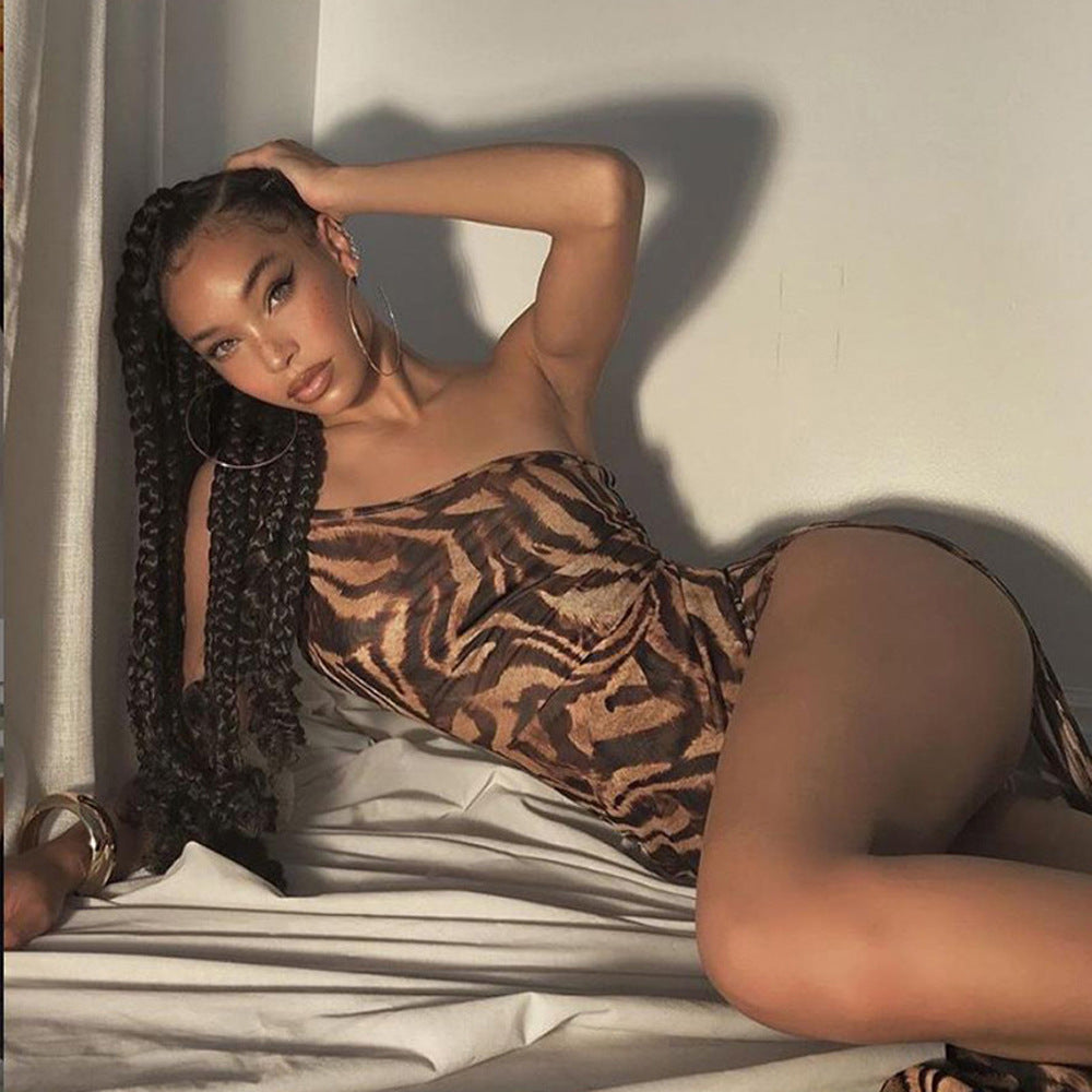 Women's Dress Sexy One-shoulder Strap Dress Slim Long Dress Leopard Print