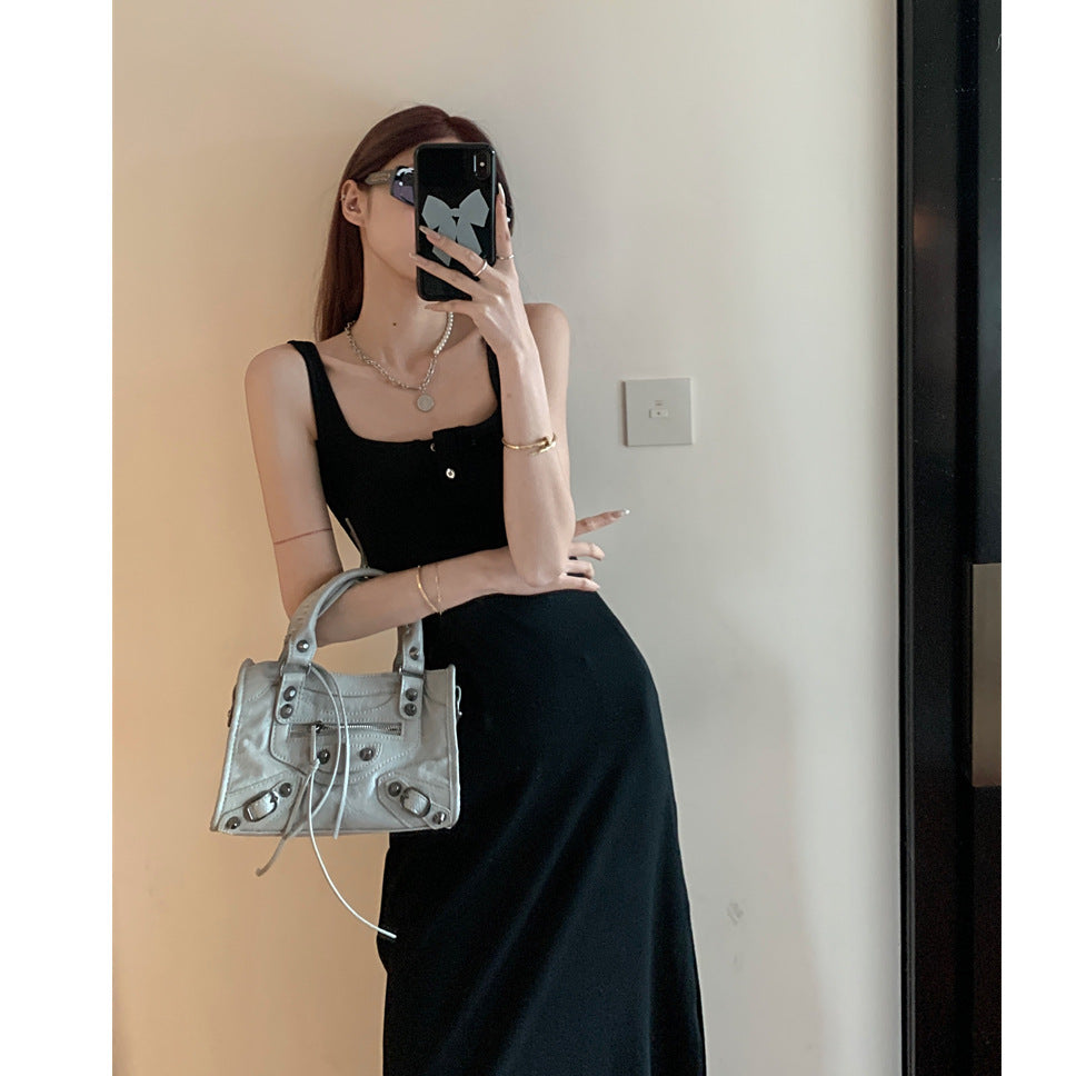 Black Inner Strap Dress for Women, Summer Pure Sensual Style, High-Quality A-Line Long Sleeveless Dress