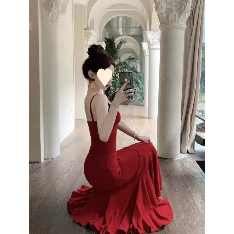 V-Neck Lace Strap Dress Elegant Women's Formal Fish Tail Long Dress