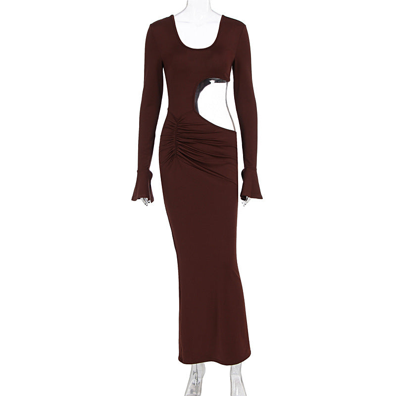 Hollow out slim fit U-neck long sleeved dress