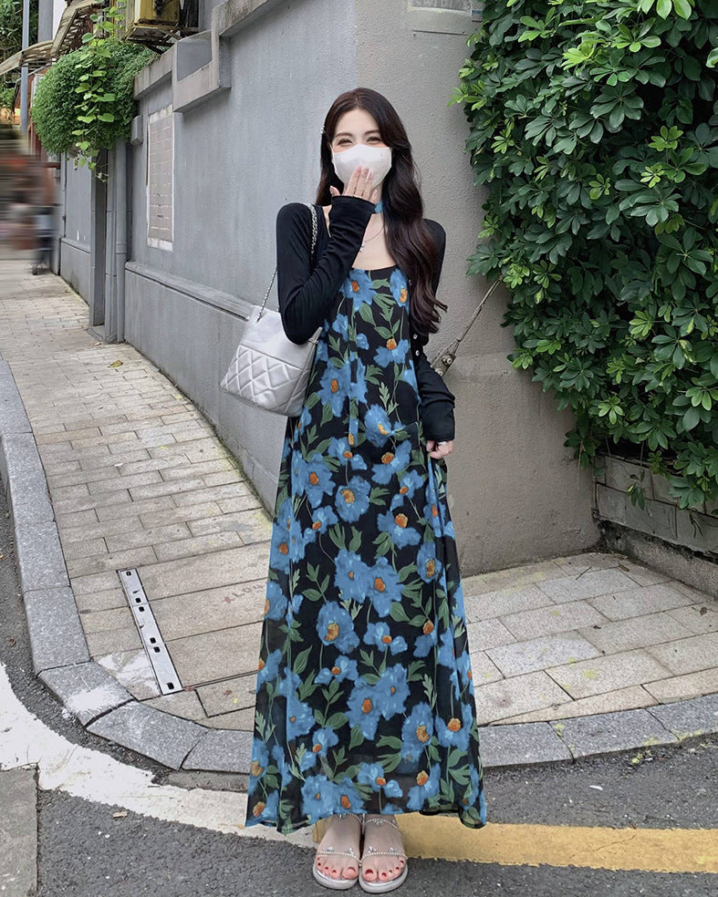 French Style Beach Vacation Long Dress High-Quality Blue Floral Sleeveless Strapless Dress Summer Women