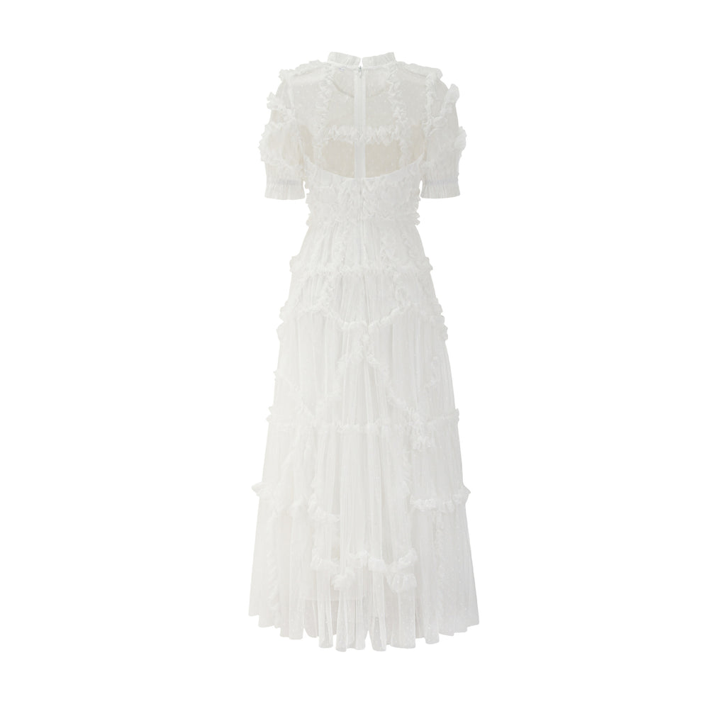 Sweet Ruffle Lace Fairy Dress Mesh Waist-Cinching Slimming Formal Gown French Fashion Dress