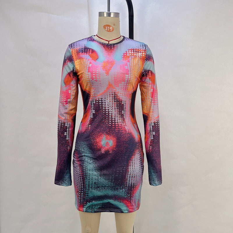 Printed round neck long sleeved dress with hip wrap