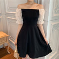 Off-Shoulder Square Neck Sexy Dress Women's Waist-Cinching Slimming Bubble Sleeve Dress