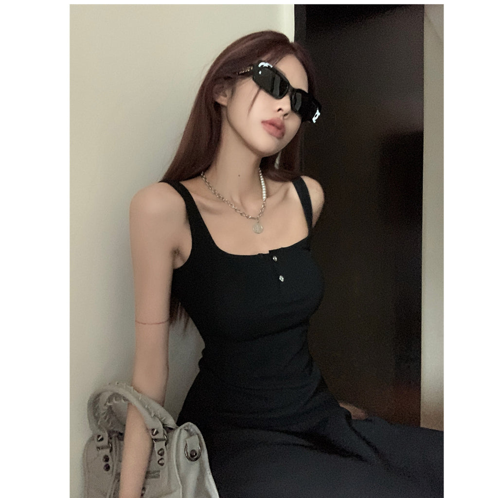 Black Inner Strap Dress for Women, Summer Pure Sensual Style, High-Quality A-Line Long Sleeveless Dress