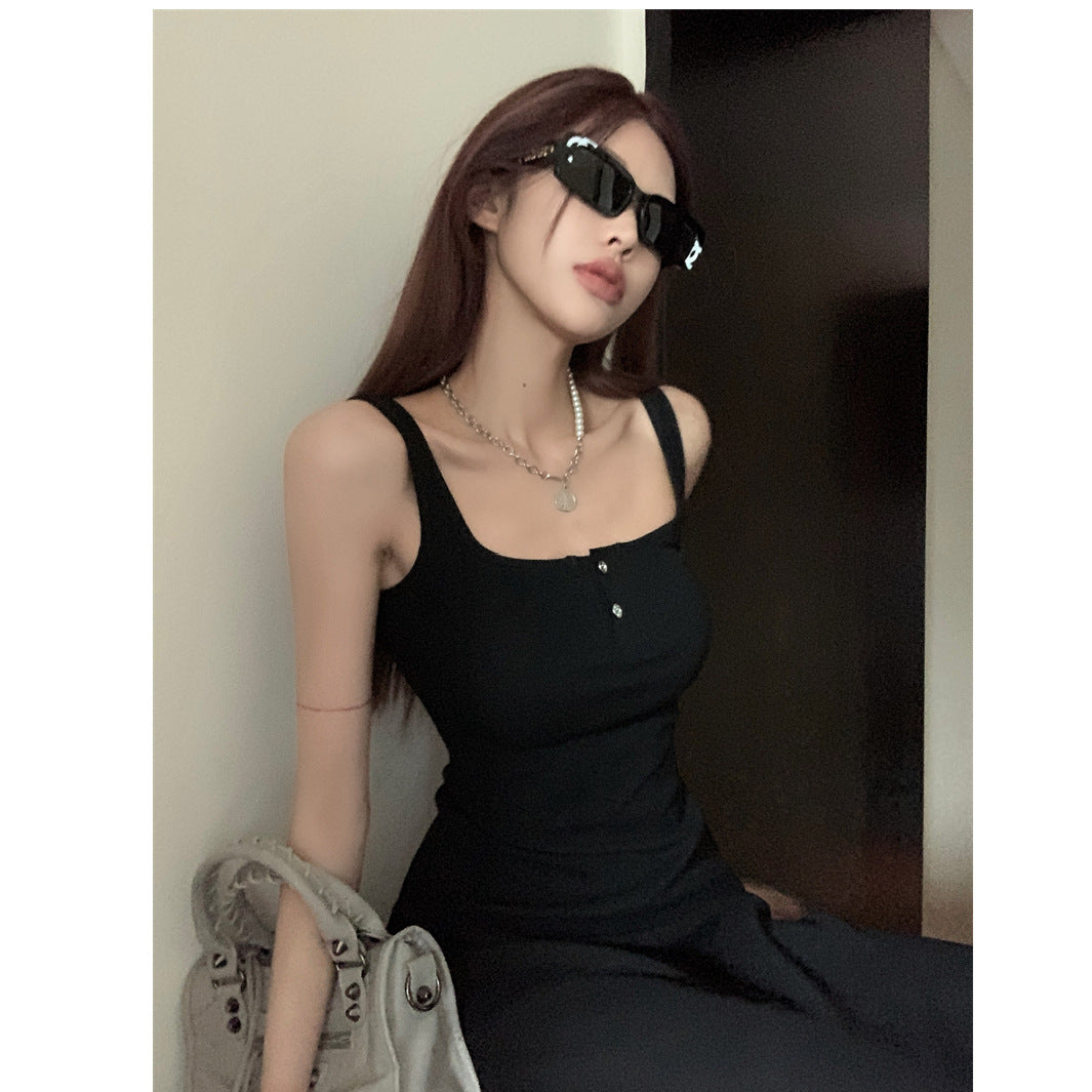 Black Inner Strap Dress for Women, Summer Pure Sensual Style, High-Quality A-Line Long Sleeveless Dress